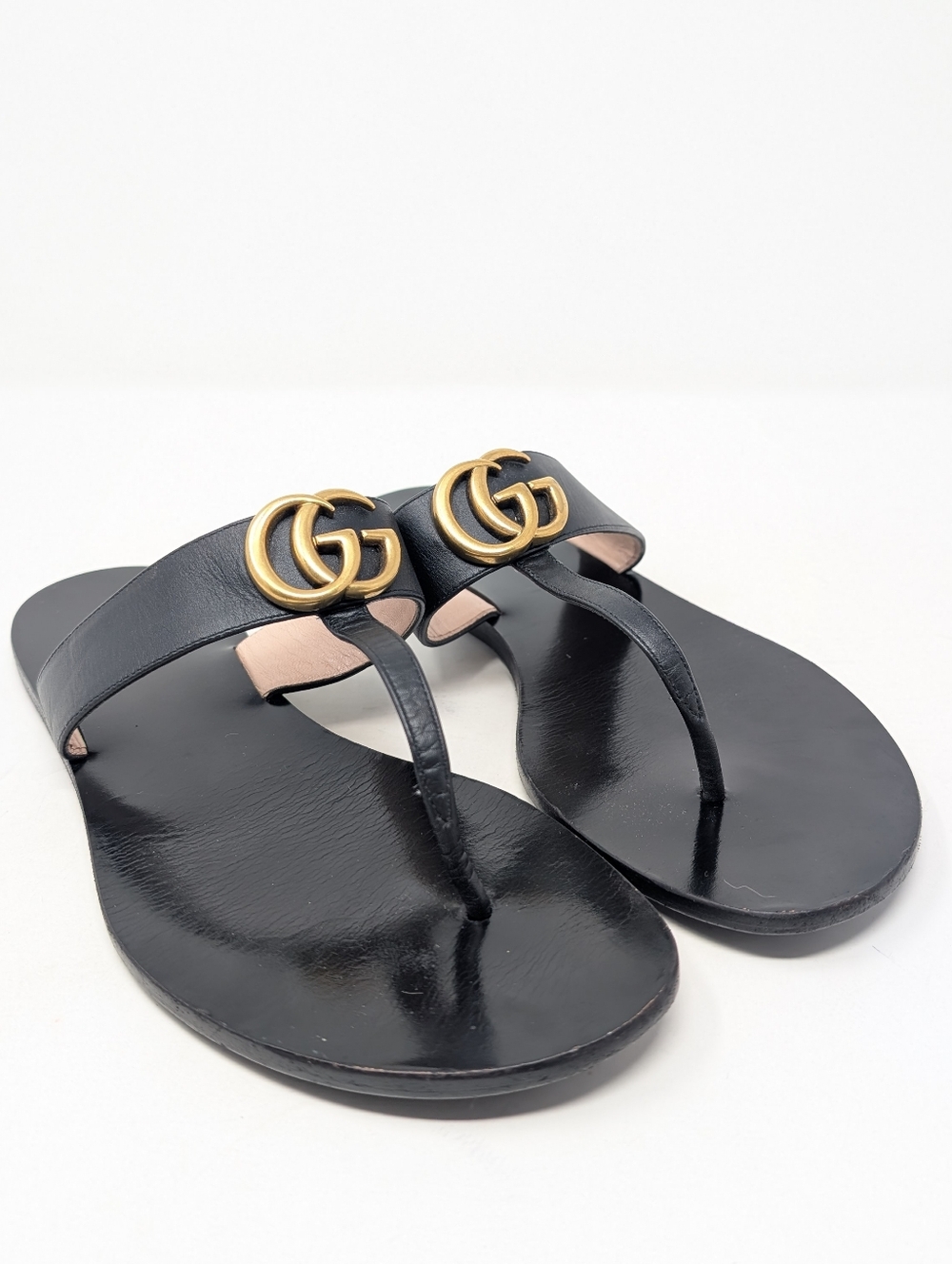 Gucci Marmont Black Leather Thong Sandals Double GG Size 40